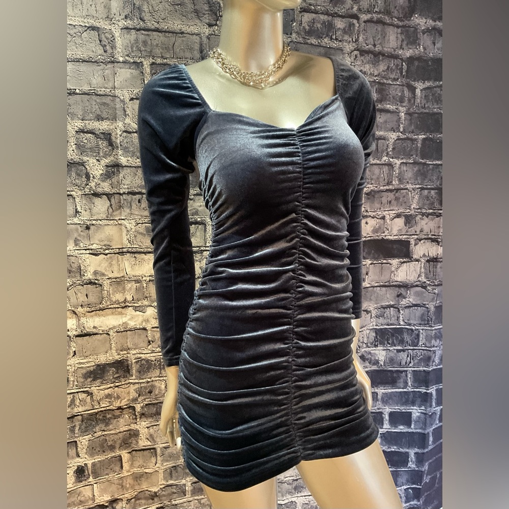 Navy Smokey Blue Velvet Mini Dress